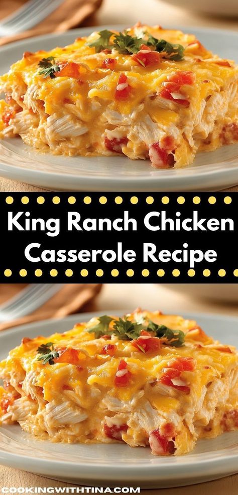 Looking for a hearty family meal? This King Ranch Chicken Casserole recipe combines tender chicken, zesty peppers, and creamy sauce, making it a delicious choice for busy weeknight dinners that everyone will enjoy. Creamy Chicken Ranch Casserole, Velveeta Chicken Casserole, Chicken Bake Casserole Easy, King Ranch Chicken Casserole With Chips, Kings Ranch Casserole, King Ranch Casserole Chicken, Kings Ranch Chicken Casserole, Family Casseroles Dinners, Chicken Recipes Easy Casserole