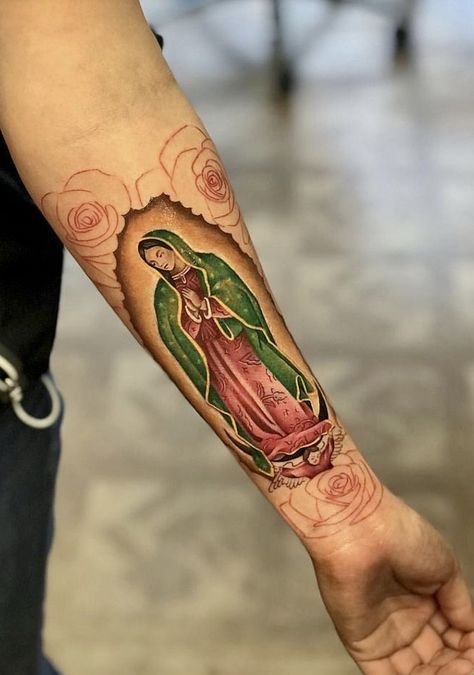 Red Virgin Mary Tattoo, Color Virgin Mary Tattoo, Virgencita Tattoo Women, La Virgen Tattoo, Virgen De Guadalupe Tattoo Ideas Women, Virgen Mary Tattoo For Women, Lady Of Guadalupe Tattoo, Virgin Mary Tattoo For Women, Virgin De Guadalupe Tattoo Ideas