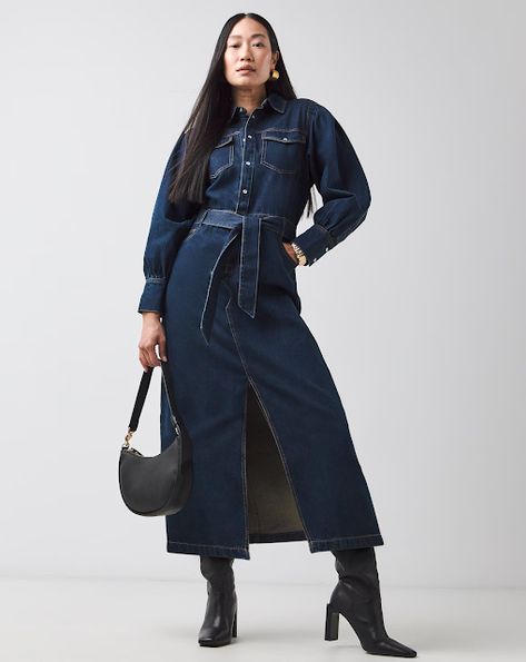 MARIA'S STYLE PLANET: DARK DENIM DRESS Dark Denim Dress, Maxi Denim Dress, Long Denim Dress, Wrap Shirt Dress, Oversized Shirt Dress, Denim Maxi, Slim Fit Casual Shirts, Maxi Shirts, Indigo Denim