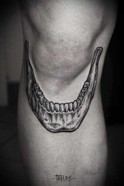 Blackwork illustrative style jaw tattoo on the right knee. Jawbone Tattoo, Alex Tabuns, Tattoo Over Scar, Mother Nature Tattoos, Bone Tattoos, Knee Tattoo, Jaw Bone, Desenho Tattoo, Nature Tattoos