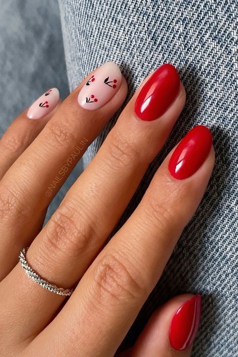 Get ready to make a bold style statement this summer with stunning red nails that exude confidence and beauty. Cute Short Red Nails, Red Nails With Cherries, Short Cherry Nails, Pink And Red Nail Designs, Nails With Cherries, Nude Pink Nails, Short Red Nails, Nails Short Square, Kiss Nails