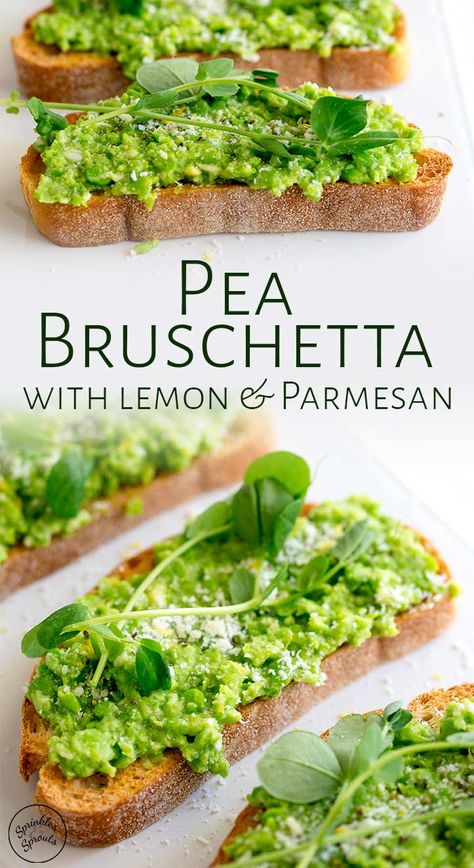 These simple Pea Bruschetta (pea crostini) make the most wonderful fresh easy appetizer. The ciabatta toast is spread with delicious pea pesto then drizzled with extra virgin olive oil and garnished with a little cheese and some lemon zest. For a boost to the fresh Spring flavors, you can add fresh pea shoots if they are available. Great for a date night appetizer or a light lunch. Pea Bruschetta, Spring Flavors, Pea Shoots, Pea Pesto, Garden Recipes, Aioli, Virgin Olive Oil, Lemon Zest, Extra Virgin