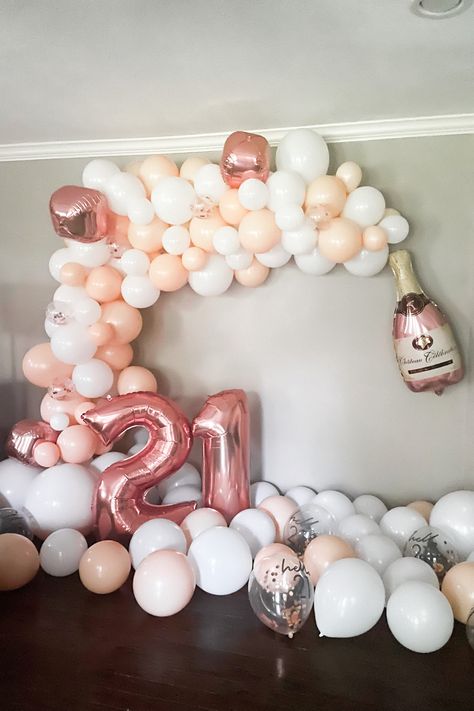 Rose gold pink balloon arch 21 birthday 21st champagne rose bubbly popping pop party decorations confetti 21st Birthday Decorations Balloons, 21st Bday Pink Decorations, 21st Bday Balloon Ideas, Champagne Birthday Balloons, Pink Champagne Balloon Decor, Champagne Pink Birthday Party, Rose Gold Champagne Birthday Party, 21st Birthday Ideas Pink And Gold, 21st Birthday Rose Gold Theme