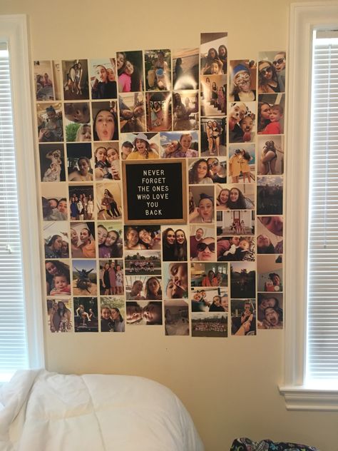 Photo Display Ideas Bedroom, Wall Photo Collage, Bedroom Decor Pictures, Photo Walls Bedroom, Picture Wall Bedroom, Dorm Room Styles, Bedroom Wall Collage, Cute Diy Room Decor, Dorm Room Inspiration