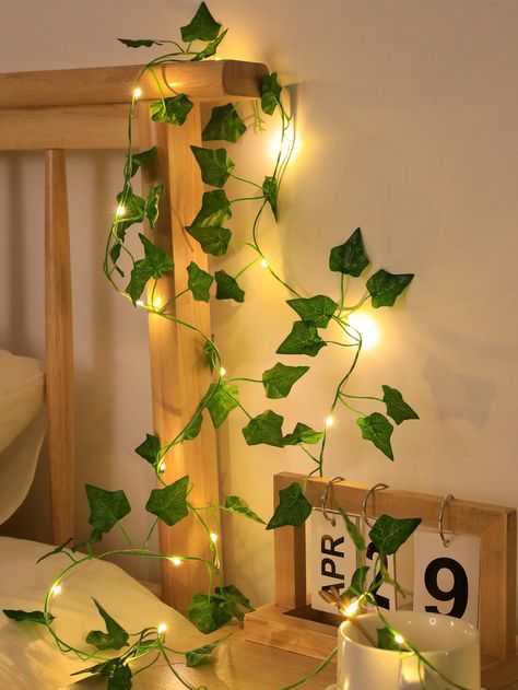 Curtain Leaf String Lights, Leaf Vine Decor, Yellow Led Lights Bedroom, Leaf Lights Bedroom, Ferry Lights Decoration Ideas, Cuartos Aesthetic Verde, Aesthetic Ceiling Decor, Hanging Leaves Decor, Artificial Leaf Decor