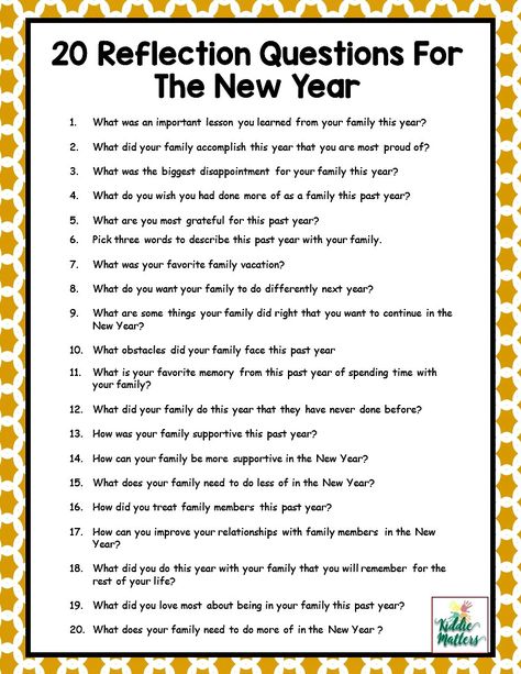 New years is the time to reflect and set goals for the upcoming year.  These reflection questions will help your family think about what progress they have made and what areas they can still improve on. New Years Eve Traditions, New Year's Eve Activities, Kids New Years Eve, New Years Eve Games, New Years Eve Day, New Year's Games, New Years Traditions, New Years Activities, Reflection Questions