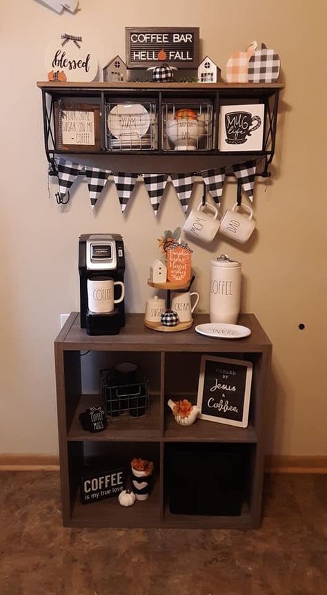 Coffee Bar With Cube Organizer, Cube Organizer Coffee Bar, Bars In Kitchen, 6 Cube Organizer, Coin Café, Coffee Bar Design, Coffee Bars In Kitchen, Coffee Bars, Home Coffee Bar