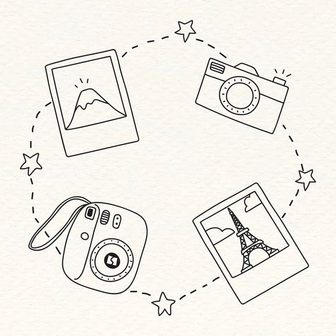 Travel Doodles, Camera Drawing, Doodle Background, Line Artwork, Doodle Icon, Free Hand Drawing, Cute Frames, Retro Camera, Travel Stickers