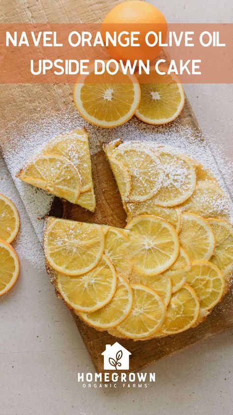 A winter citrus treat! This delicious olive oil upside-down cake will wow at any holiday gathering this season. This recipe can be customized using your favorite winter citrus of the season! Try adding additional citrus varieties or swapping them out altogether. https://www.hgofarms.com/recipe_post/navel-orange-olive-oil-upside-down-cake/ Navel Orange Recipes, Orange Olive Oil, Citrus Recipes, Orange Cake Recipe, Navel Oranges, Olive Oil Cake, Orange Cake, Orange Recipes, Upside Down Cake