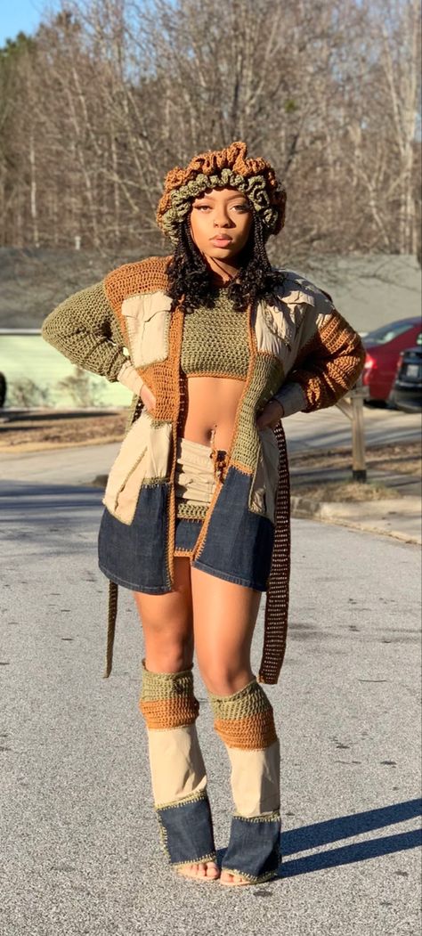 Island Tour Outfit, Fall Crochet Outfit Ideas, Crochet Ideas Black Women, Earthy Crochet Outfits, Crochet Earthy Outfits, Crochet Outfit Set, Crochet Fall Outfits, Crochet Outfits Black Women, Crochet Streetwear