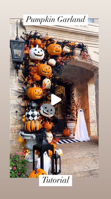 Macy Blackwell on Instagram: "Pumpkin Garland DIY!🎃 No base this year! Also, no damage to your home!👏🏼 We used chicken wire attached to heavy duty hooks, added garlands, lights, and of course, jack-o-lanterns! 

Comment SHOP below to receive a DM with the link to shop this post on my LTK ⬇ https://liketk.it/4SdBf 

#pumpkingarland #halloweenideas #halloweenporch #halloweendecor #halloweendiy" Diy Pumpkin Arch, Pumpkin Garland Diy, Macy Blackwell, Halloween Board, Holiday Decor Halloween, Pumpkin Garland, Garland Diy, Halloween Garland, Halloween Wreaths