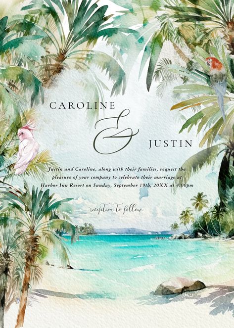 vintage wedding invitations watercolor tropical beach wedding invitation watercolor wedding stationery bespoke invitations watercolor ocean seaside shore jamaica punta cana aqua coastal destination wedding beach wedding hawaii florida aruba palm trees vintage tropical wedding hibiscus floral flowers #fyp Zazzle Invitations Wedding, Aruba Palm Beach, Tropical Vintage Wedding, Tropical Wedding Invitations Elegant, Vintage Tropical Wedding, Tropical Wedding Invite, Hawaii Themed Wedding, Beach Wedding Invitations Ideas, Island Invitation