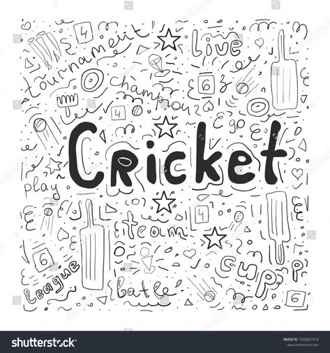 illustration of cricket championship sports. Hand drawn doodle with cricket elements. black line vector illustration isolated on white background #Ad , #ad, #Hand#drawn#doodle#sports Cricket Drawing Ideas, Cricket Sketch Drawing, Cricket Journal Ideas, Cricket Illustration Sport Art, Cricket Doodle Art, Cricket Drawing Easy, Cricket Doodle, Cricket Sketch, Cricket Painting