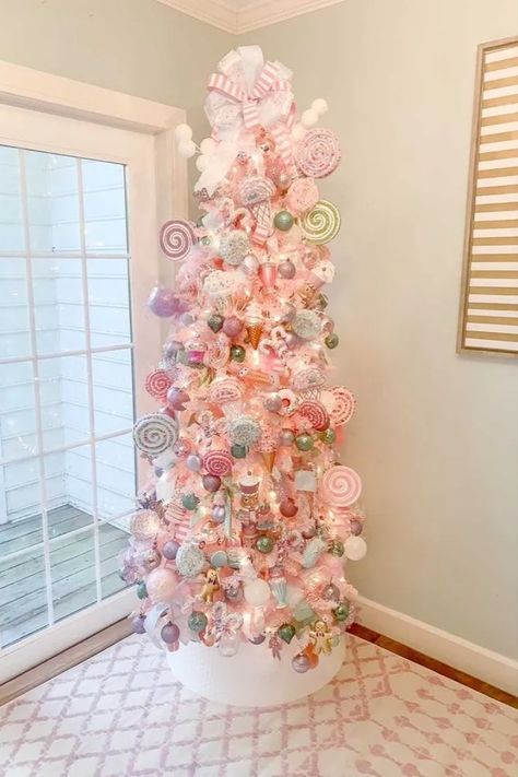 “The candy-land theme fit perfectly for the space and I love how it turned out! It the perfect amount of sweet, pink fun!” #christmastreeaesthetic Christmas Tree Inspiration Silver, Pink Xmas Tree, Christmas Tree Inspo, Pink Sweets, Gingerbread Christmas Tree, Candy Christmas Tree, Holiday Aesthetic, Pink Xmas, S Aesthetic