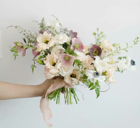 Dreamy Hand Tied Wedding Bouquet Featuring: White Roses, White Anemones, Cranberry Hellebores, Champagne Florals Pastel Wedding Decorations, Small Bridal Bouquets, Spring Wedding Flowers, Blue Bouquet, Spring Bouquet, Pastel Wedding, Bouquet Of Flowers, Bride Bouquets, Bridal Flowers