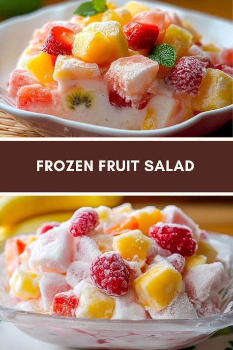 FROZEN FRUIT SALAD Frozen Salad, Frozen Fruit Salad, Frozen Fruit Salads, Fruit Salad With Marshmallows, Easy Fruit Salad Recipes, Fruit Salad Easy, Fruit Salads, Light Desserts, Summer Side Dishes