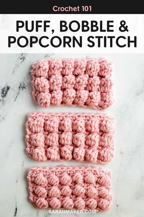 How to make the puff stitches, bobbles, and popcorn stitches in crochet. An easy crochet tutorial for beginners. Crochet Blanket Stitch Tutorial, Blanket Stitch Tutorial, Popcorn Crochet, Popcorn Stitch Crochet, Crochet Blanket Stitch, Crochet Tutorial For Beginners, Triple Crochet Stitch, Modern Haken, Puff Stitch Crochet