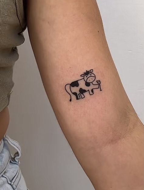 by @okey.poke Fun Little Tattoos, Silly Tattoos Small, Simple Cow Tattoo, Tiny Cow Tattoo, Tattoo Designs Fine Line, Small Silly Tattoos, Silly Little Tattoos, Tattoo Designs Minimalist, Tattoo Designs Black And White