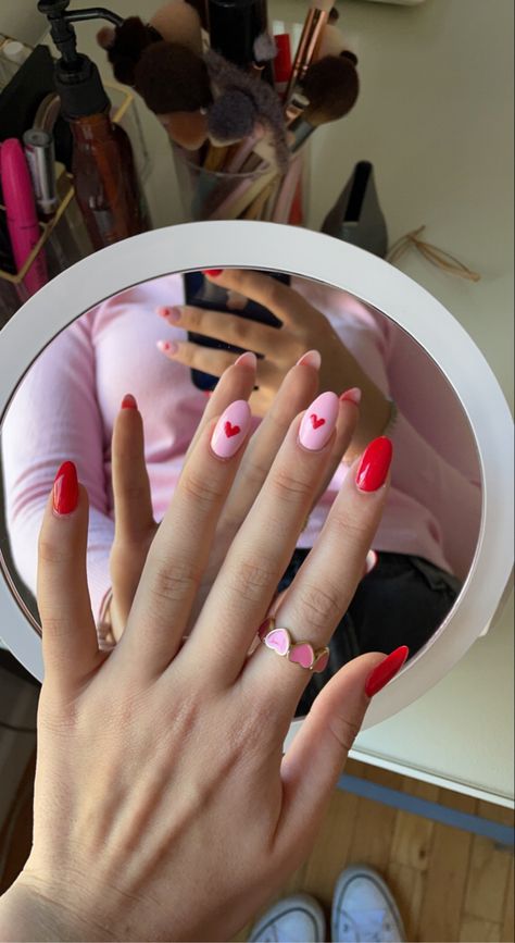 Valentines Gel X Nails Ideas, Heart Nails Pink And Red, Red And Pink French Tip Nails Almond, Simple But Cute Valentines Day Nails, Bright Red Valentine Nails, Pink Tip Nails Valentines, Heart Nail Designs Valentines, Valentine Nails On Natural Nails, Valentines Pink And Red Nails