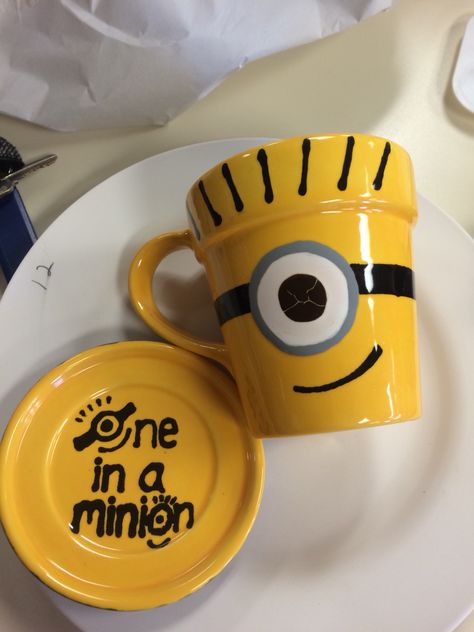 Painted ceramic minion cup and coaster :) made with love by Ashley Minion Cup, Minion Cups, Painted Cups, Clay Mugs, Black Couples Goals, Couples Goals, Ceramic Painting, Made With Love, Art Project