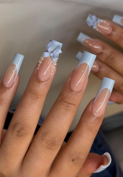 Spring Coquette Nails, Blue Bow Nails, Blue Coquette Nails, Short Nails Black Women, Cold Nails, Nails With A Bow, Nails With Bows, Cut Dog Nails, Nails Coquette