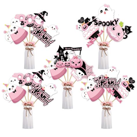 PRICES MAY VARY. Pink Halloween Birthday Party Supplies: Cute addition for girls' birthday party, highly match with Halloween theme What You Will Get: Includes 8 pink black double-printed cards in 8 different shapes, 8 wooden dowel sticks and 16 adhesive dots for easy assembly Unique & Rich Halloween Theme Elements Design: Contains cute patterns like pumpkins, ghosts, spiders web, cat, haunted house Easy to Assemble: Simply attach to wooden dowels with adhesive dots, suitable for vases or floral Pink Halloween 1st Birthday Party, First Boo Day Party Girl, Spooky One Centerpieces, Halloween 4th Birthday Party, Happy Halloween Birthday, Halloween Centerpieces, Celebration Decorations, Halloween 1st Birthdays, Pumpkin Cutouts