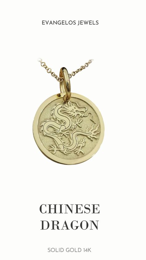 Dainty 14k Solid Gold Chinese Dragon Necklace, Personalized Chinese Dragon Pendant, Dragon Symbol Pendant, Chinese Mythology ****14k Solid Gold**** ******Choose What Size You Want the Pendant Using The Second Option Box*** *******Photos Are For The 0.5 inch Diameter Pendant***** Pendant thickness : 0.5mm Inner diameter of jump ring : 4mm ♥ Material of pendant and chain: Solid Gold k14 ♥ Packaging: All of our jewelry are beautifully boxed and ready for gifting Chinese Dragon Jewelry, Gold Chinese Dragon, Dragon Symbol, Eagle Necklace, Collection Ideas, Second Option, Chinese Mythology, Jewelry Board, Gold Dragon