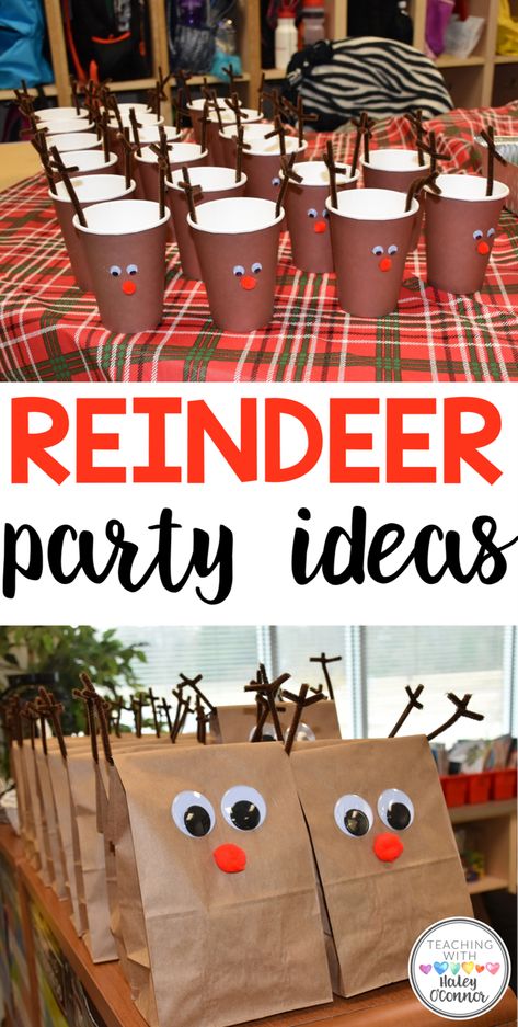 Reindeer Party Ideas for Winter Classroom Party Classroom Winter Party, Kindergarten Christmas Party, Reindeer Party, Classroom Holiday Party, Classroom Christmas Party, Christmas Party Ideas For Teens, Kindergarten Party, School Holiday Party, School Christmas Party