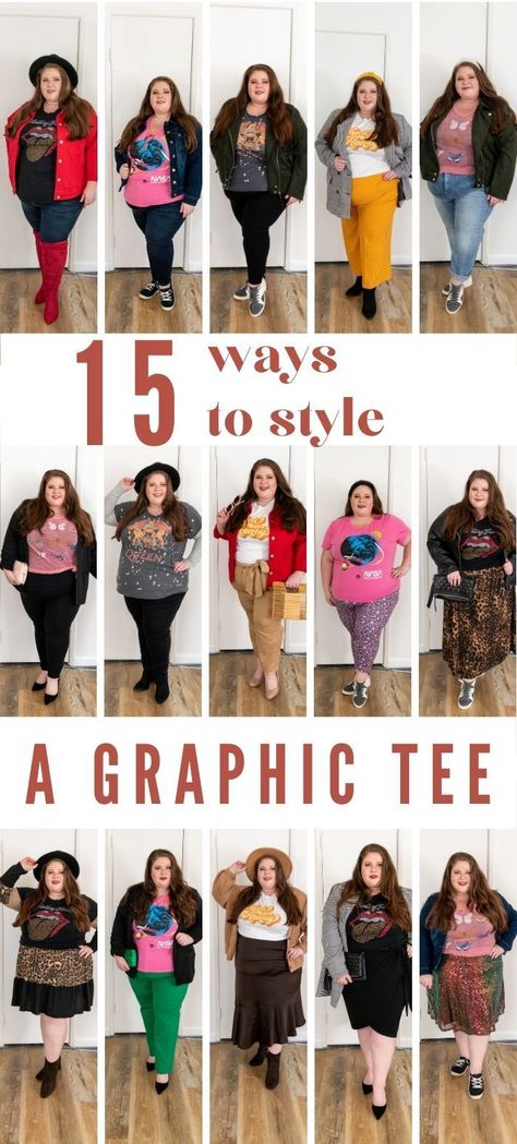 15 ways to style a plus size graphic tee Edgy Womens Fashion Plus Size, Styling Oversized Tshirt Plus Size, Hipster Outfits For Women Plus Size, Business Casual With Graphic Tee, T Shirt With Skirt Outfit Plus Size, Size 14w Outfits Curvy Fashion, Plus Size Boho Style Outfits, Dressing Up A Tshirt Plus Size, Tshirt Over Dress Plus Size