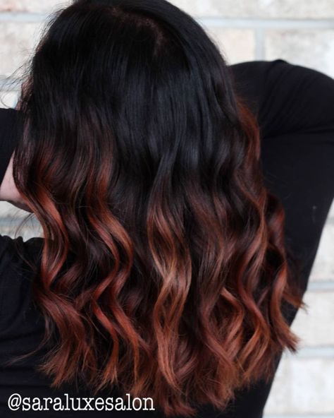 Black And Auburn Hair Ombre, Hair Color Ideas For Brunettes Winter 2023, Black To Auburn Balayage, Auburn Highlights For Black Hair, Dark Brown Hair Balayage Caramel Brunettes Red Highlights, Black Hair Copper Balayage, Black Copper Balayage, Black And Copper Hair Balayage, Black With Auburn Highlights