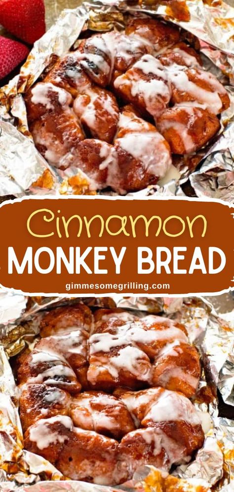 Cinnamon Monkey Bread Foil Packets, foil packet meal, breakfast idea, brunch recipe Breakfast For Camping, Campfire Monkey Bread, Campfire Cinnamon Rolls, Oven Breakfast, Homemade Monkey Bread, Cinnamon Monkey Bread, Easy Yummy Breakfast, Campfire Breakfast, Cinnamon Roll Monkey Bread