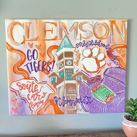 Clemson 🧡 • #designsbyyyc #clemson #clemsontigers #orangeandpurple #smallbusiness #smallbusinessowner #tigers #gotigers #gotigers🐯 #customcollegeapparel #custom #custompainting Clemson Canvas Painting, Clemson Wall Art, Clemson Painting, Clemson Dorm, Clemson Art, College Paintings, College Announcements, College Canvas, College Crafts