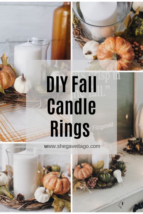 DIY Fall Candle Rings - She Gave It A Go Fall Candle Ring, Diy Candle Ring, Diy Fall Candle Holders, Candle Rings Diy, Fall Candle Rings, Faux Farmhouse, Fall Candles Diy, Fall Candle Decor, Farmhouse Styling