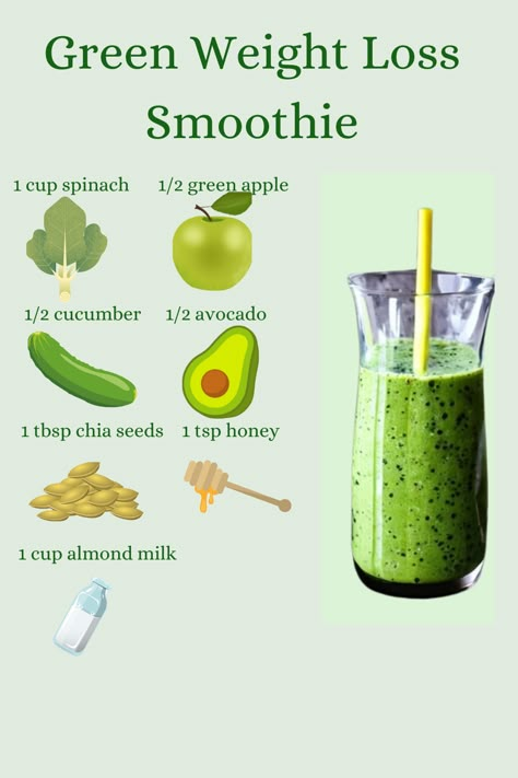 This Green Weight Loss Smoothie is a nutritious, low-calorie blend of spinach, cucumber, green apple, avocado, chia seeds, and almond milk. It's a refreshing, satisfying drink that supports healthy weight loss and keeps you full with its high fiber and healthy fats content. Skin Juice, Cleanse Juice, Green Smoothie Cleanse, Smoothie Cleanse, Smoothie Drink Recipes, Healthy Drinks Smoothies, Spinach Smoothie, Avocado Smoothie, Meal Replacement Smoothies