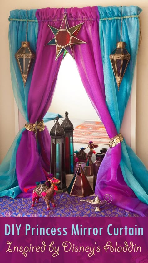 Diy Bedroom Mirror, Princess Curtains, Disney Princess Bedroom, Princess Jasmine Party, Arabian Party, Bedroom Dresser Mirror, Arabian Nights Theme, Arabian Nights Party, Princess Mirror