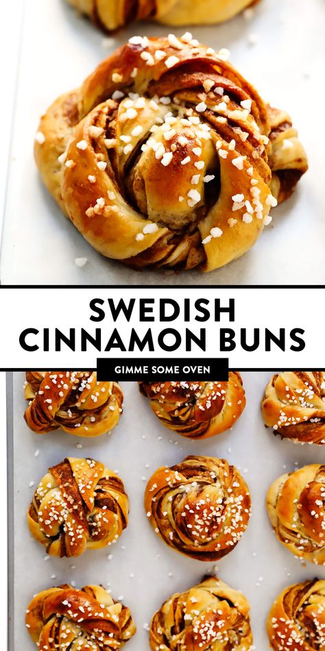 This traditional Swedish kanelbullar (cinnamon buns) recipe is made with a perfectly soft and chewy cardamom dough, a buttery cinnamon-sugar filling, and twisted into cute little knots. Top these rolls with crunchy sweet pearl sugar or any type of sugar that you have on hand! | gimmesomeoven.com #swedish #cinnamon #buns #rolls #breakfast #brunch #sweet #vegetarian #vegan Best Cinnamon Buns Recipe, Kanelboller Recipe, Swedish Food Recipes, Swedish Desserts, Yule Party, Swedish Baking, Swedish Cinnamon Buns, Cinnamon Buns Recipe, Cinnamon Bun Recipe