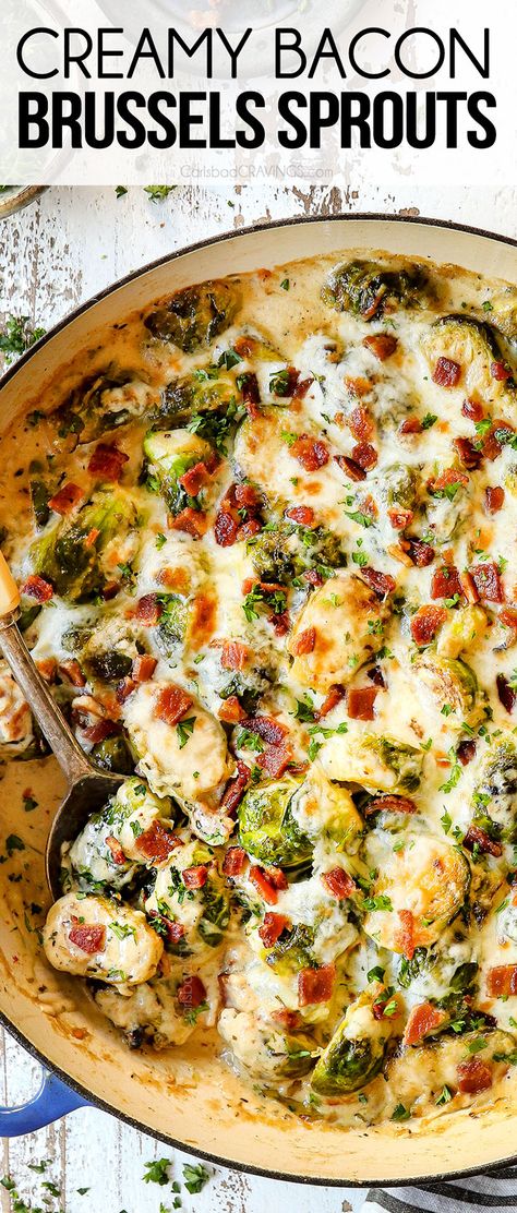 Easy Brussel Sprouts, Dish Recipes Easy, Creamy Brussel Sprouts, Creamy Brussels Sprouts, Brussels Sprouts With Bacon, Carlsbad Cravings, Bacon Brussel Sprouts, Side Dish Recipes Easy, Sprouts With Bacon