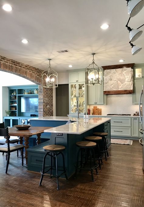 Kitchen Island With Banquette Attached, Bench Seating Kitchen Island, Kitchen Island Expansion Ideas, Kitchen Island Seating On Two Sides, Unique Kitchen Island Ideas With Seating, Island With Breakfast Nook, Banquette Island, Kitchen Island With Banquette Seating, Kitchen Island With Booth Seating