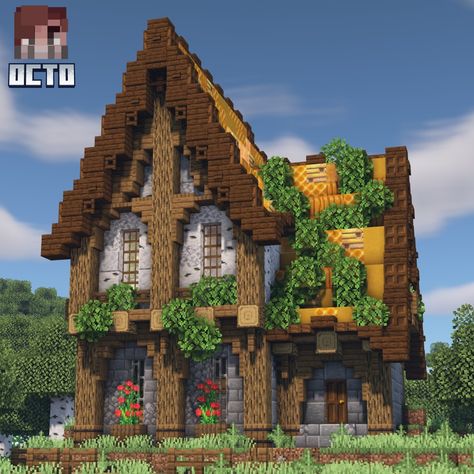 Minecraft Rustic House Ideas, Old Mansion Minecraft, Medieval Manor Minecraft, Medevil Houses Minecraft, Pretty Minecraft Farm, Starter Homes Minecraft, Minecraft Spruce Mansion, Minecraft Chapel Ideas, Minecraft House Styles