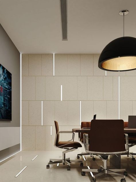 Trendy Office Space LED Lighting Design Ideas - L' Essenziale Boardroom Wall Design, Office Back Wall Design, Wall Office Design, Wall Design Office, Office Wall Design Ideas, Office Wall Ideas, Modern Office Lighting, Office Lighting Design, Light Office