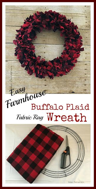 Christmas Rag Wreath, Farmhouse Buffalo Plaid, Fabric Wreaths, Couronne Diy, Buffalo Plaid Wreath, Buffalo Plaid Fabric, Ribbon Wreaths, Plaid Wreath, Rag Quilts