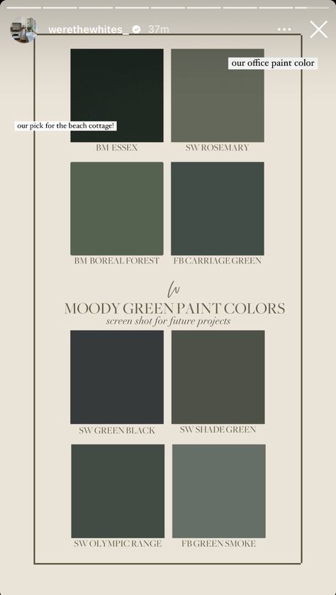 Bm Essex Green, Colors That Go With Forest Green, Essex Green Paint, Benjamin Moore Essex Green, Coastal Wall Colors, Dark Green Shutters, Green Paint Colors Benjamin Moore, Green House Color, Green Bathrooms