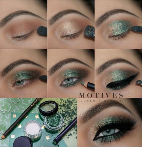 Green Makeup Ideas, Step By Step Eye Makeup, Green Dress Makeup, Green Makeup Tutorial, Saint Patricks Day Makeup, Day Eye Makeup, Silver Eye Makeup, Festival Makeup Glitter, Vibrant Makeup