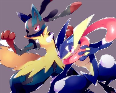 greninja Lucario mega_lucario no_humans noni-nani pokemon pokemon_ (criatura) simple_background Lucario And Greninja, Lucario Fanart, Ash's Pokemon, Pokemon Z, Mega Lucario, Deadpool Pikachu, Pokémon Heroes, Lucario Pokemon, Rare Pokemon Cards