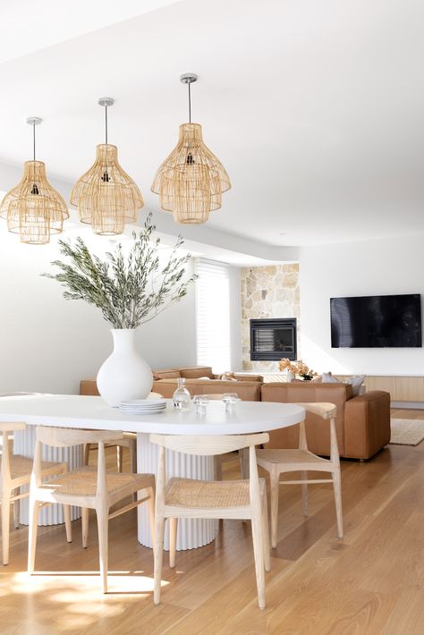 Dining room with 3 statement pendant lights | Scandi-Med home tour Space Photoshoot, Mediterranean Holiday, Grey Wall Tiles, Modern Mediterranean, Coastal Dining, Scandinavian Dining, Brisbane City, Holiday Vibes, White Laminate