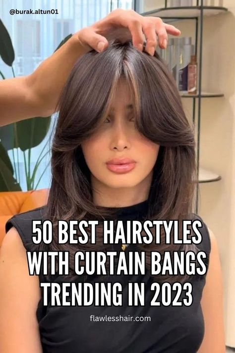 Trendy curtain bangs with layers, a versatile hairstyle for various hair lengths and textures. Old Hollywood Hair, Bangs With Medium Hair, Layered Haircut, Long Hair With Bangs, Haircut For Thick Hair, Trending Hairstyles, Haircuts With Bangs, Curtain Bangs, Face Framing