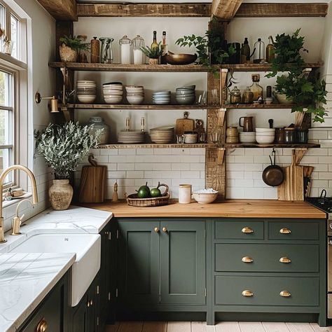 Mastering the Art of Dark Green Interior Design • 333+ Art Images Rustic Green Interior, Green Cottage Interior Design, Green And Black Kitchen Aesthetic, Kitchen Design Dark Green, Floating Kitchen Counter, Dark Green Wood Kitchen, Green And Gold Kitchen Ideas, Studio Green Kitchen, Black Green Kitchen