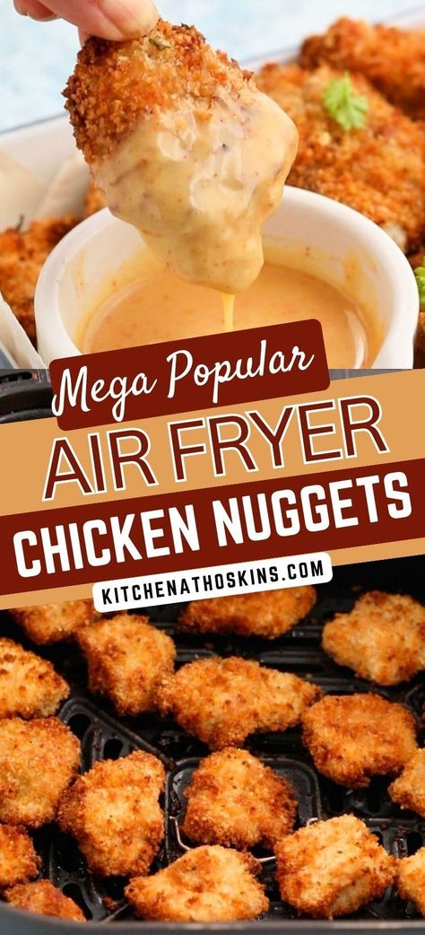 Learn how to make crispy chicken nuggets recipe tusing chicken breasts or thighs. They are healthy, perfect for kids, can be frozen and is one of the best air fryer chicken recipe.  Get this homemade air fryer chicken nuggets recipe at kitchenathoskins.com. Air Fryer Nuggets, Best Chicken Nugget Recipe, Air Fried Chicken Nuggets, Air Fryer Chicken Nuggets, Fried Chicken Nuggets, Chicken Nuggets Recipe, Baked Chicken Nuggets, Homemade Chicken Nuggets, Homemade Honey Mustard