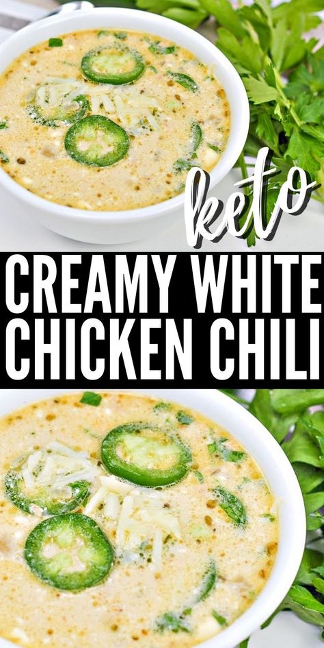 Keto White Chili With Canned Chicken #ketowhitechiliwithcannedchicken #whitechiliwithcannedchicken Creamy Keto Recipes, Chicken Recipes For Dinner Keto, Carb Free Easy Dinners, Leftover Chicken Low Carb Recipes, Keto Recipes For Canned Chicken, Crockpot Keto White Chicken Chili, Keto White Chili Recipes, Keto Friendly Chicken Soup, Keto Soup Recipes Chicken