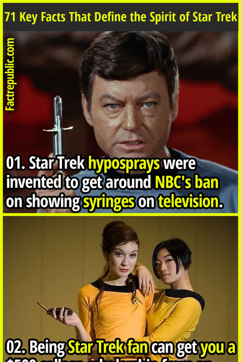 01. Star Trek hyposprays were invented to get around NBC's ban on showing syringes on television. Star Trek Facts, Tribbles Star Trek, Battle Star Galactica, Star Trek Jokes, Scotty Star Trek, Star Trek Lower Decks, Star Trek Strange New Worlds, Star Trek Actors, Stark Trek